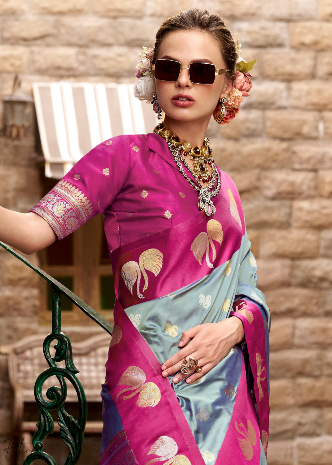 Silver Willow Ethereal Swan Satin Silk Saree
