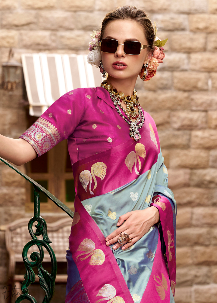 Silver Willow Ethereal Swan Satin Silk Saree