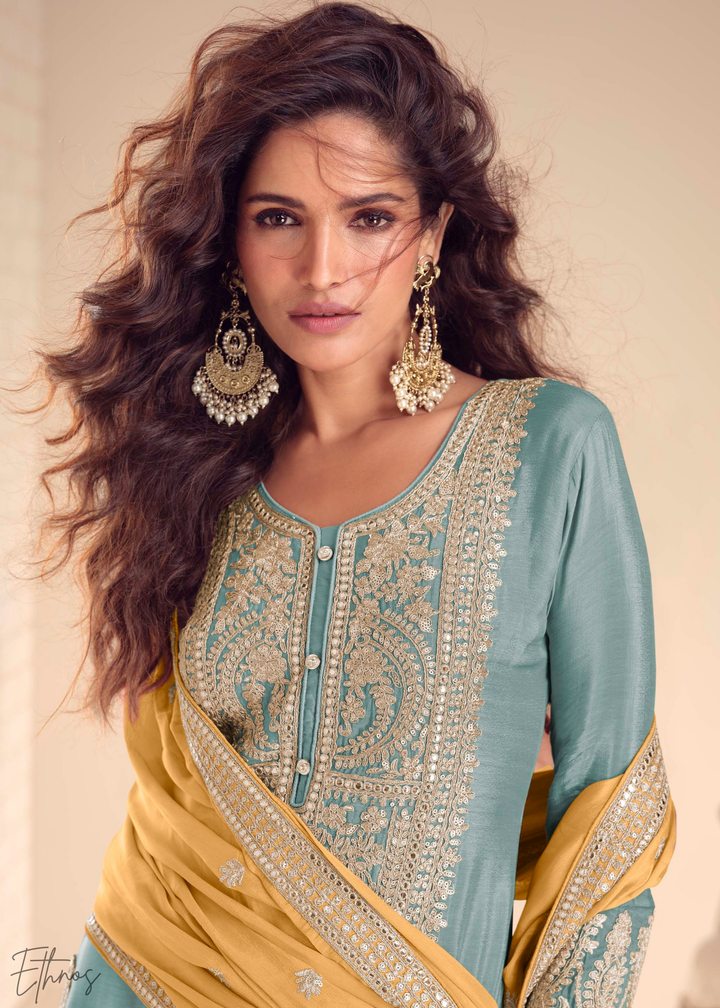 Sky Blue Chinon Embroidered Palazzo Suit