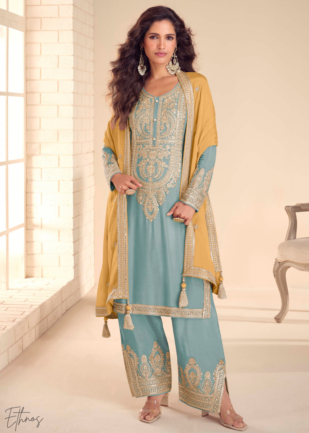 Sky Blue Chinon Embroidered Palazzo Suit