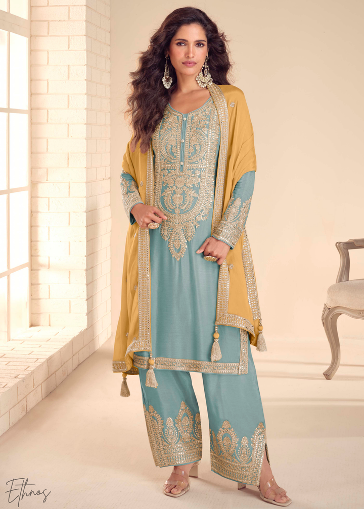 Sky Blue Chinon Embroidered Palazzo Suit