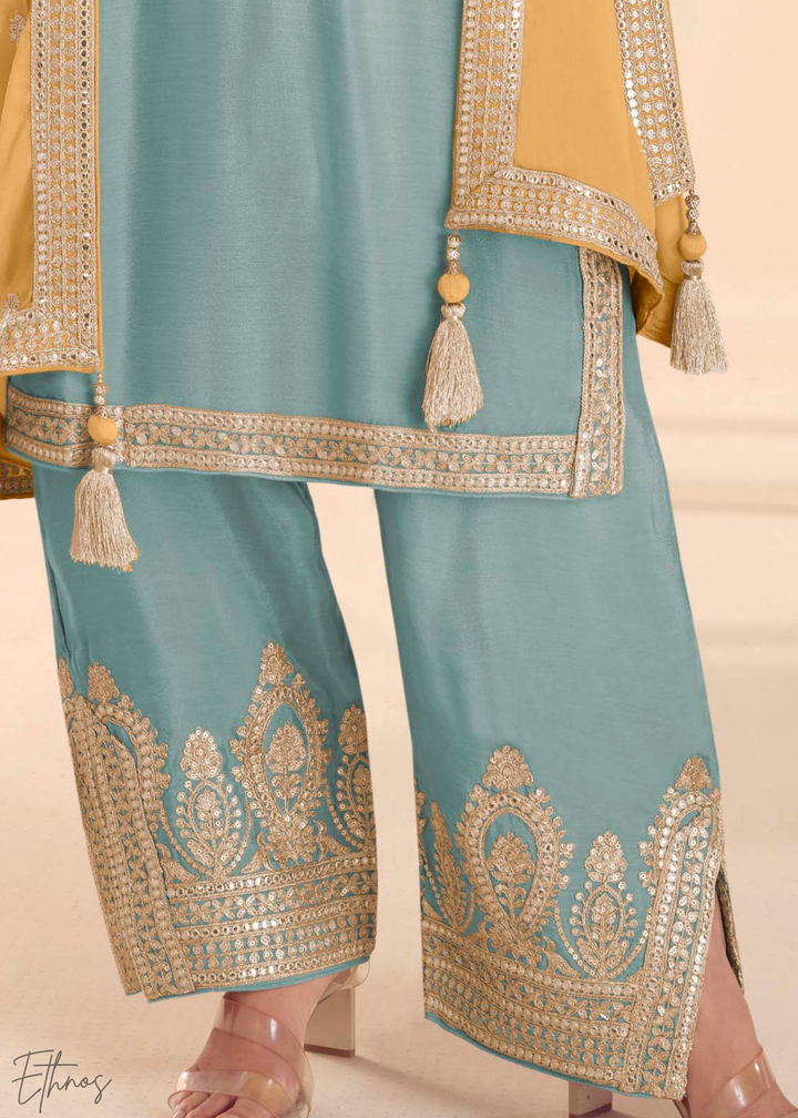 Sky Blue Chinon Embroidered Palazzo Suit