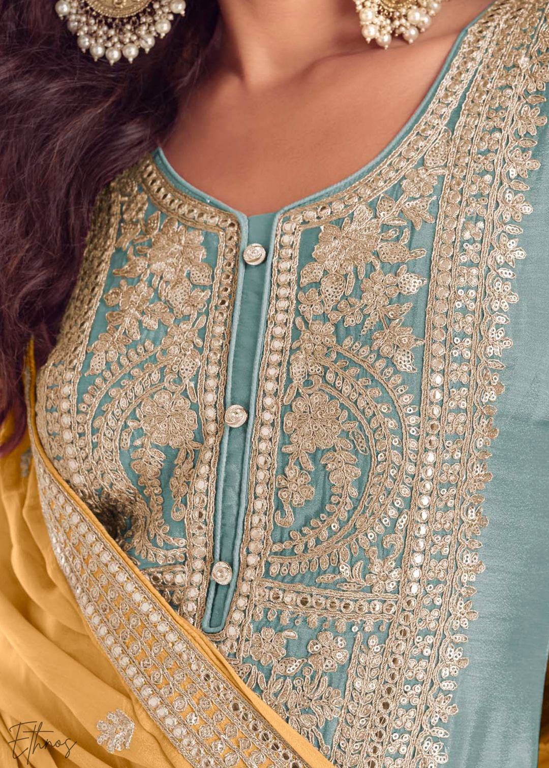 Sky Blue Chinon Embroidered Palazzo Suit