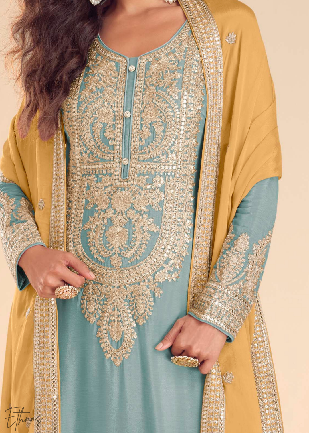 Sky Blue Chinon Embroidered Palazzo Suit
