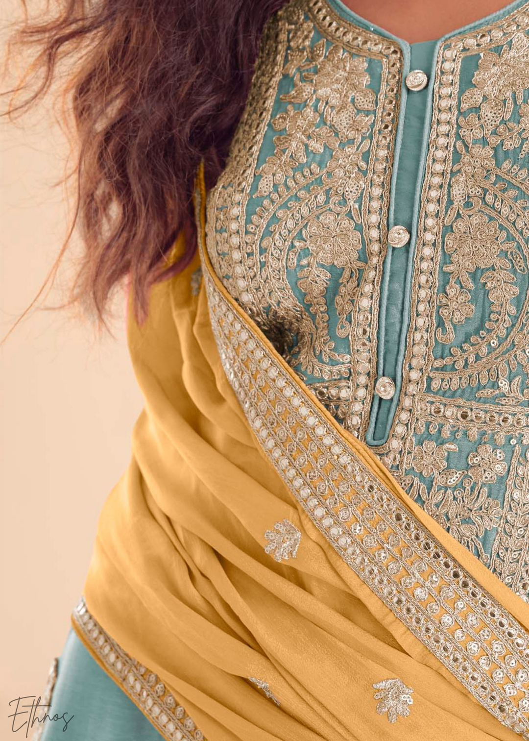 Sky Blue Chinon Embroidered Palazzo Suit