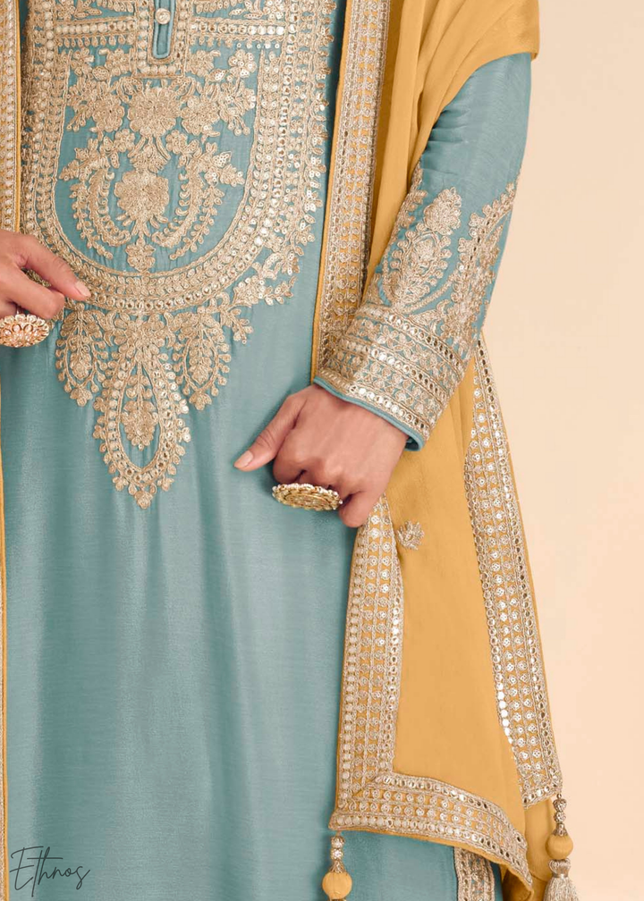 Sky Blue Chinon Embroidered Palazzo Suit