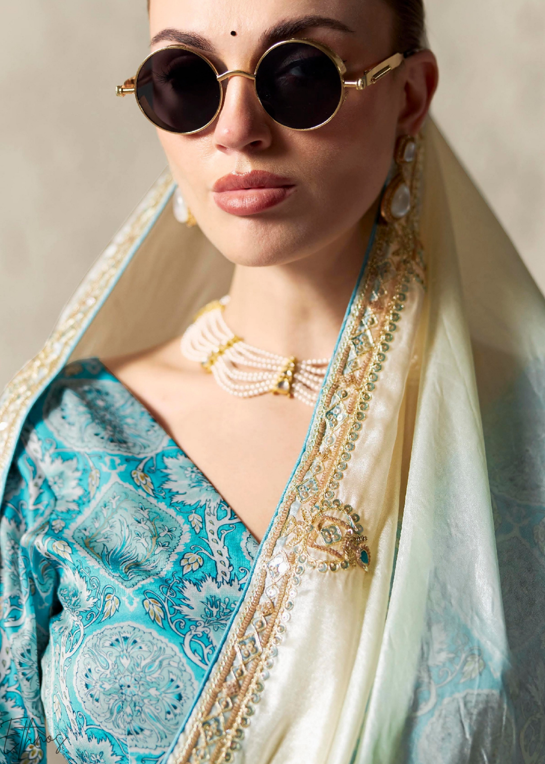 Sky Blue Embroidered Glass Tissue Designer Saree