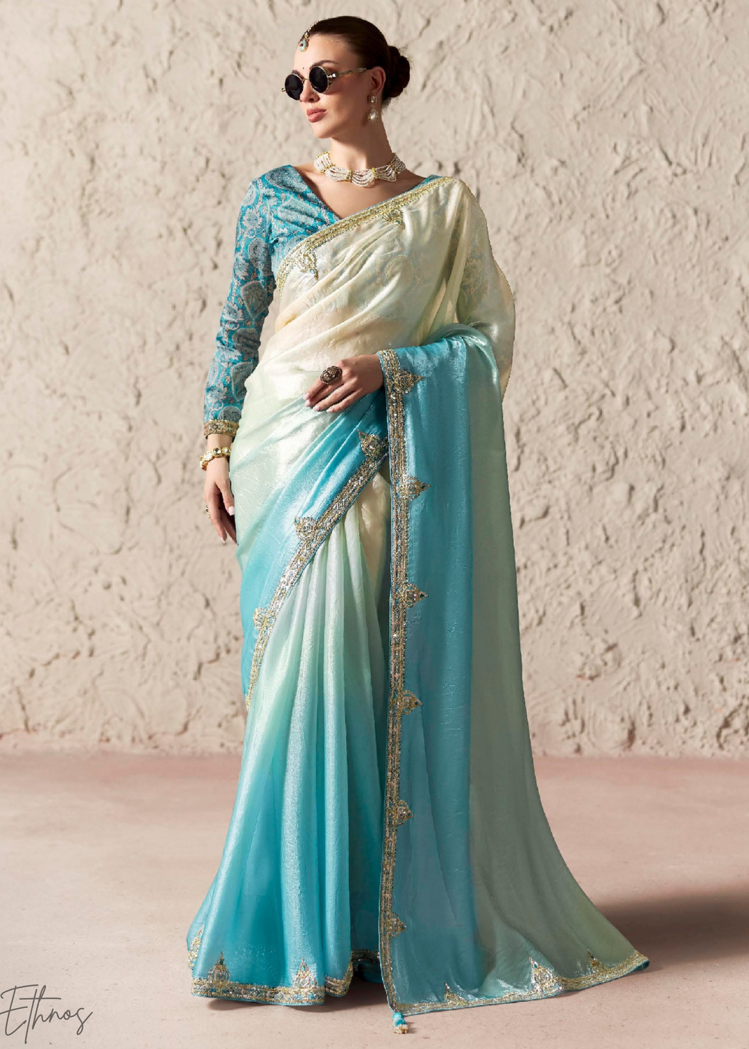Sky Blue Embroidered Glass Tissue Designer Saree