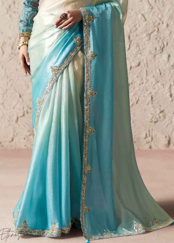 Sky Blue Embroidered Glass Tissue Designer Saree