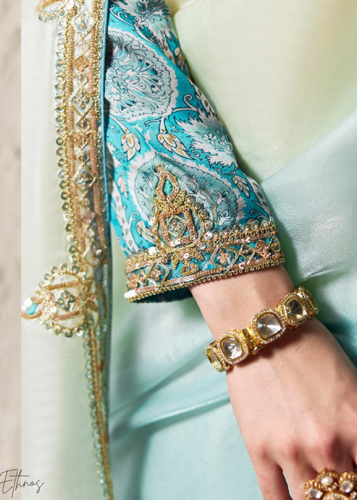 Sky Blue Embroidered Glass Tissue Designer Saree