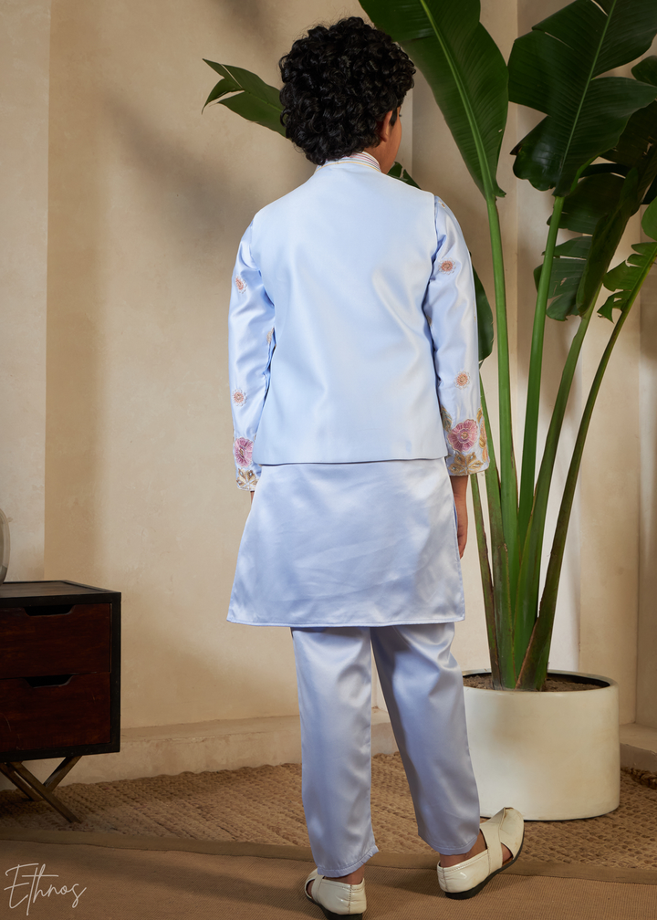 Sky Blue Embroidered Jacket With Satin Kurta Pajama
