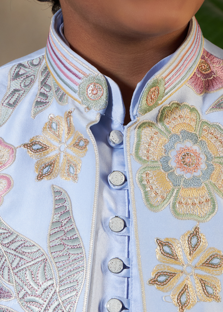 Sky Blue Embroidered Jacket With Satin Kurta Pajama