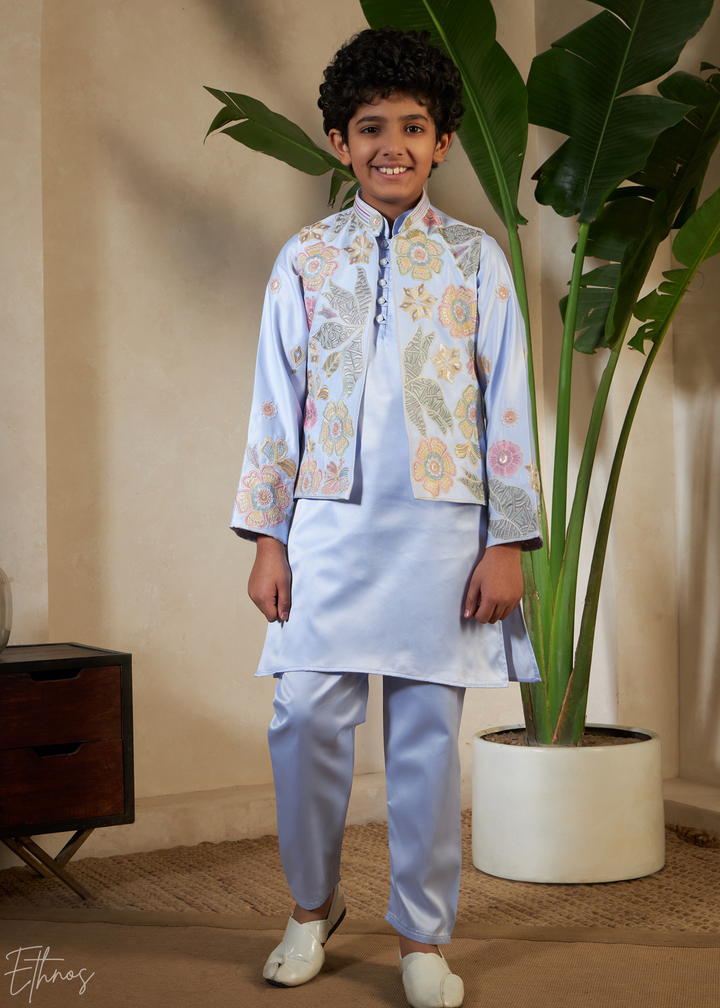 Sky Blue Embroidered Jacket With Satin Kurta Pajama