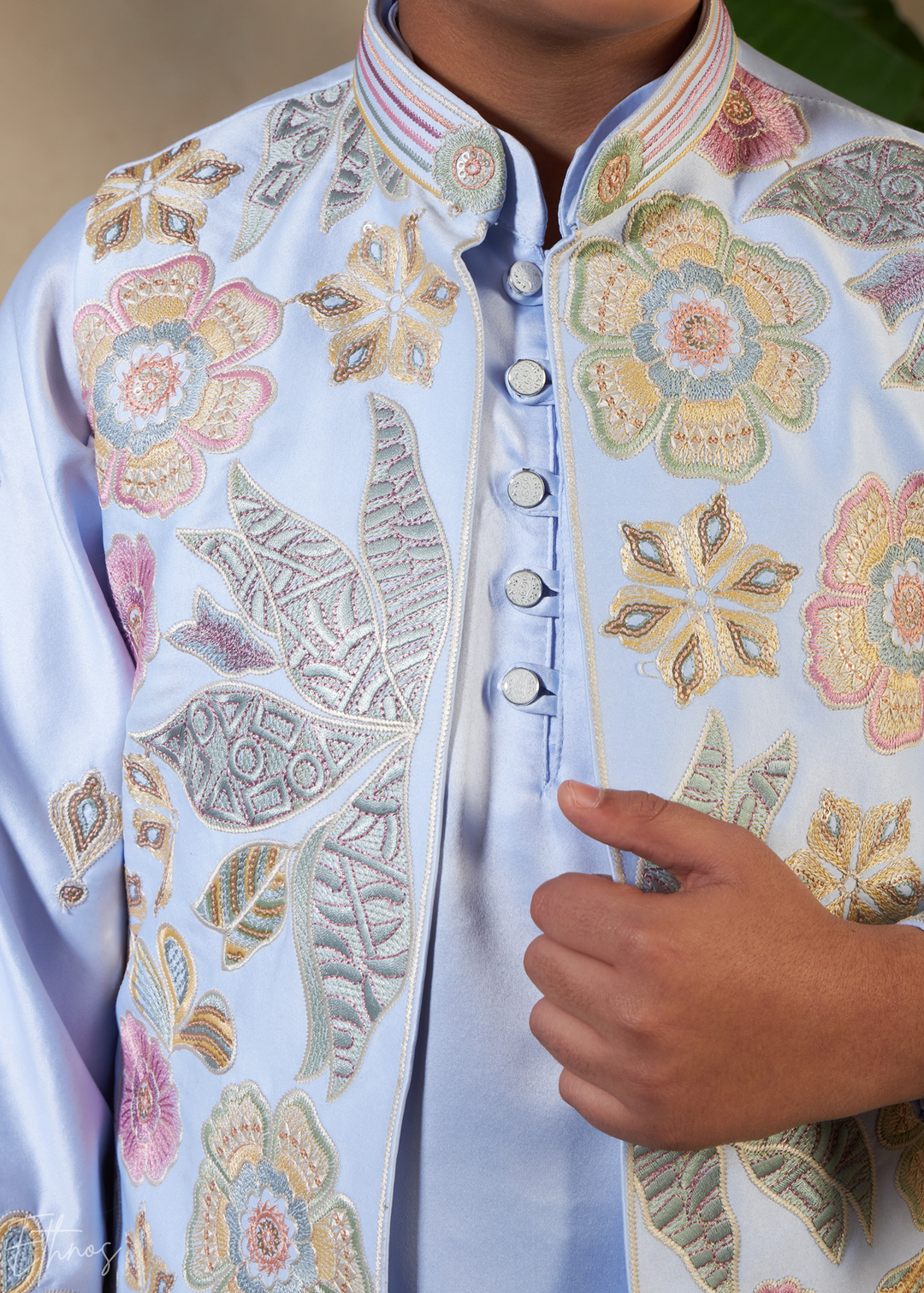 Sky Blue Embroidered Jacket With Satin Kurta Pajama