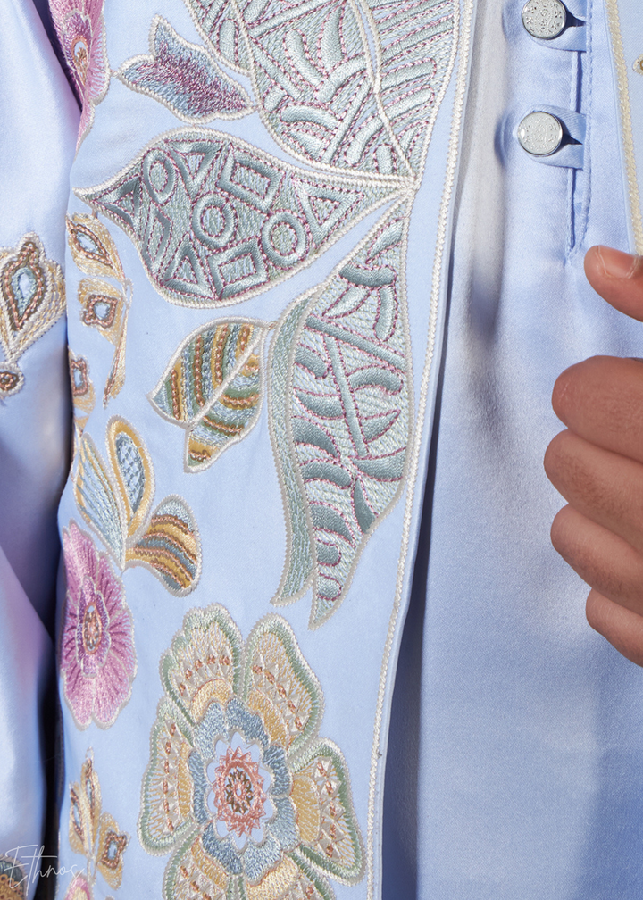 Sky Blue Embroidered Jacket With Satin Kurta Pajama