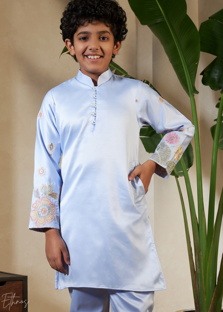 Sky Blue Embroidered Jacket With Satin Kurta Pajama