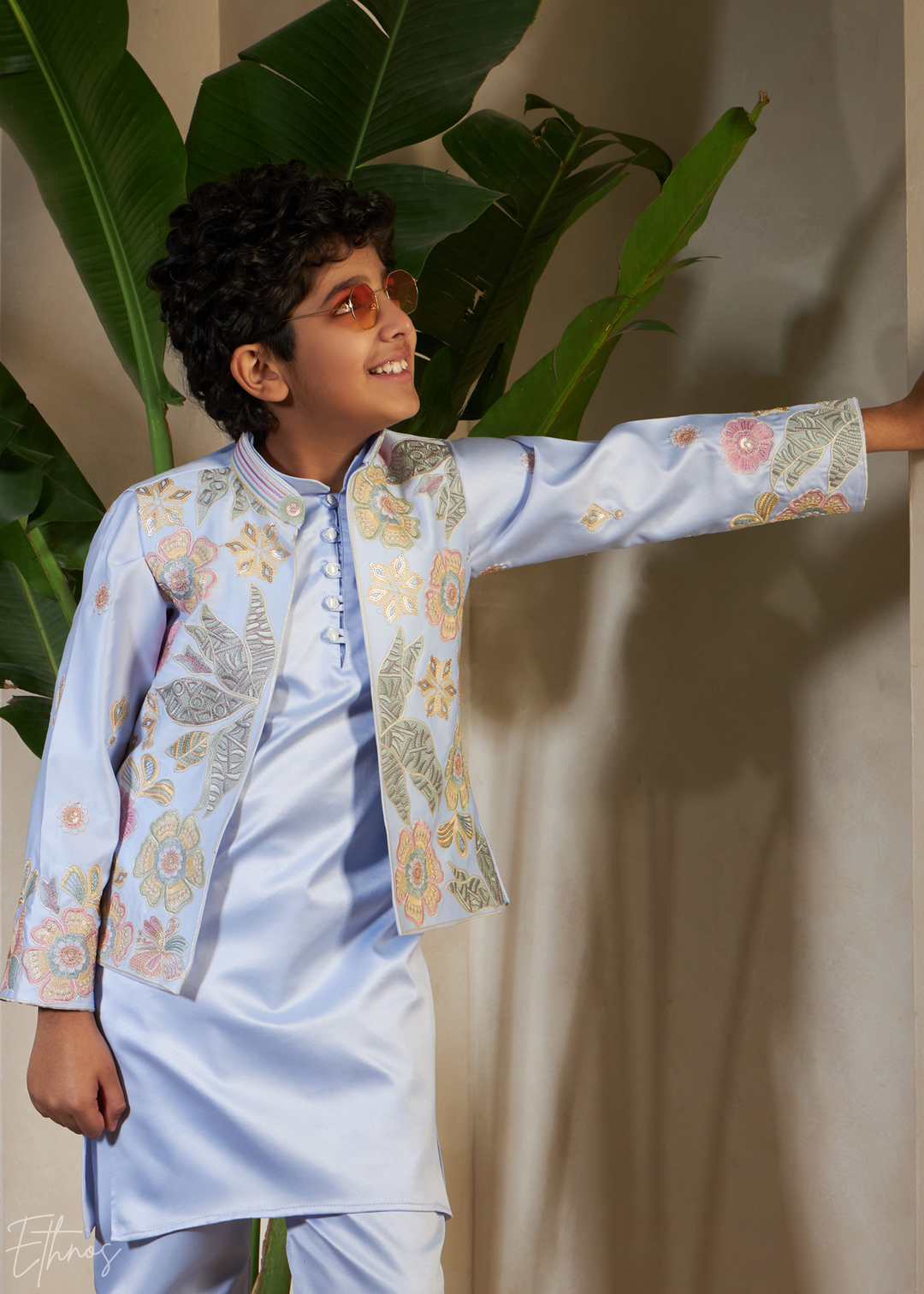 Sky Blue Embroidered Jacket With Satin Kurta Pajama