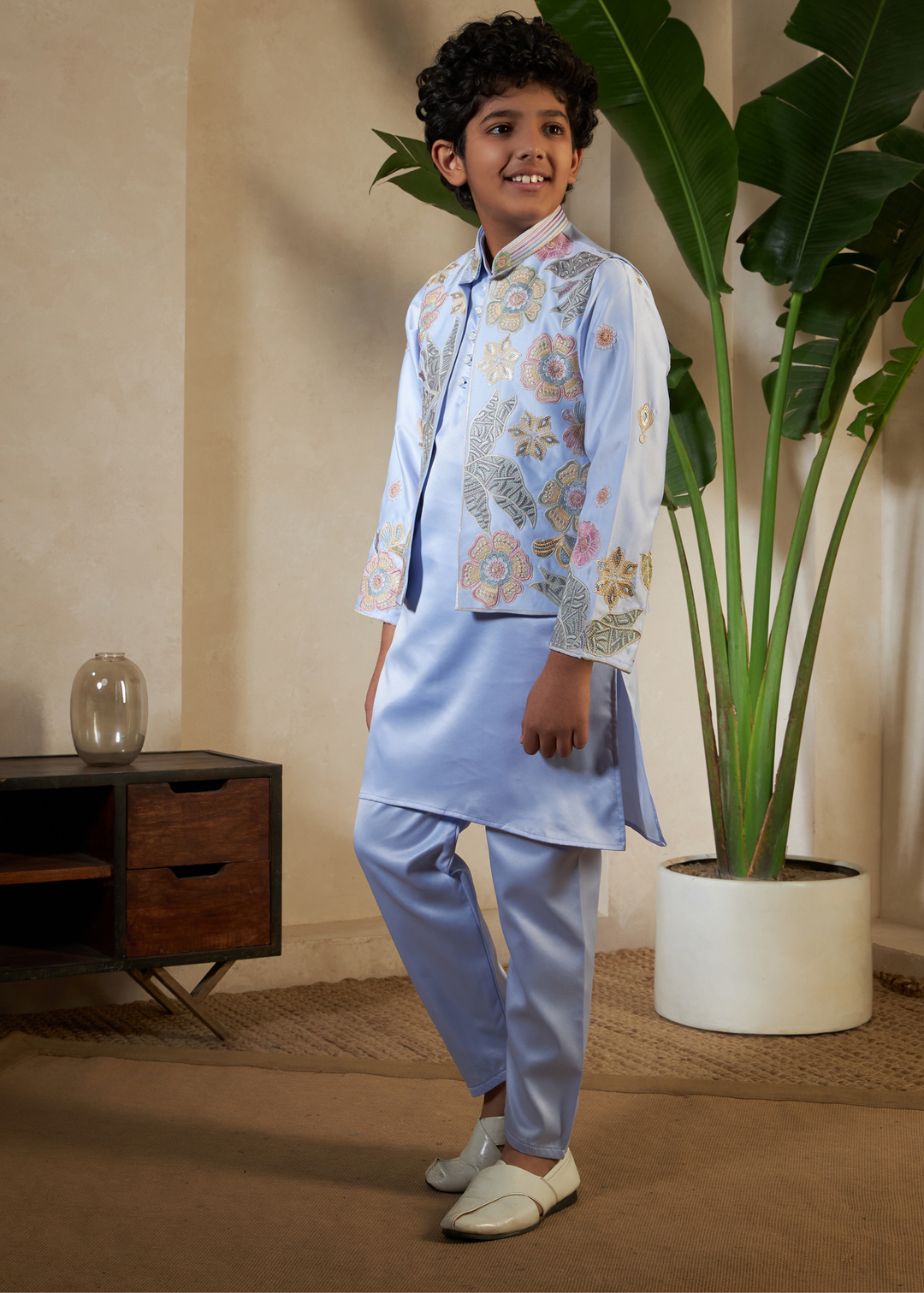 Sky Blue Embroidered Jacket With Satin Kurta Pajama