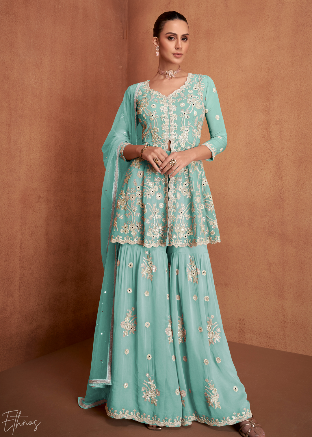 Sky Blue Georgette Peplum Sharara Suit