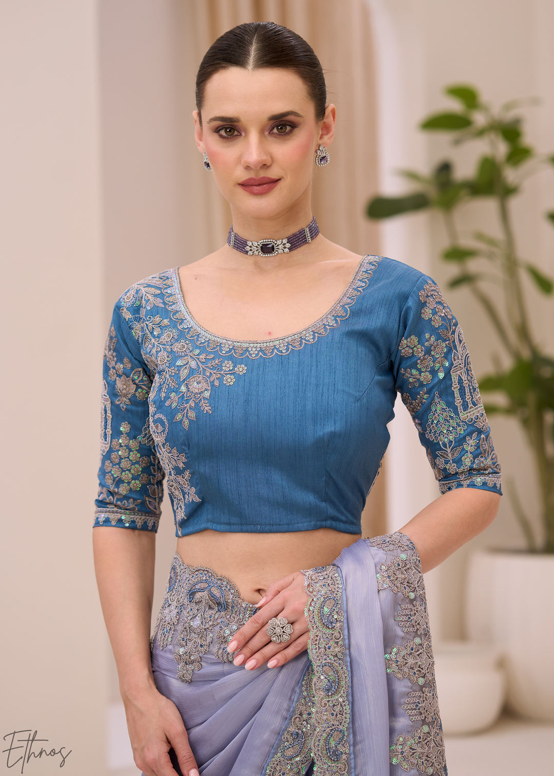 Sky Blue Glistening Shimmer Satin Saree