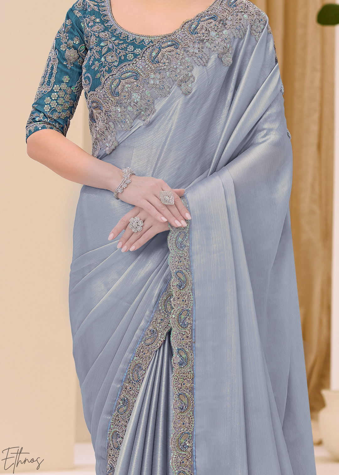Sky Blue Glistening Shimmer Satin Saree