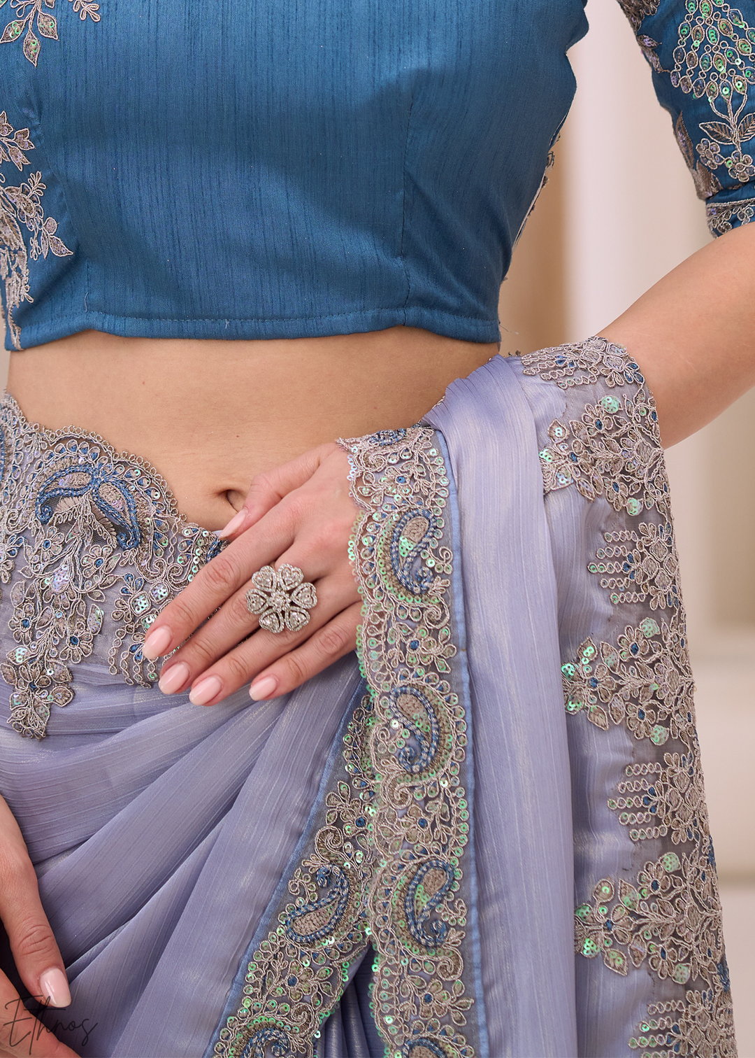 Sky Blue Glistening Shimmer Satin Saree