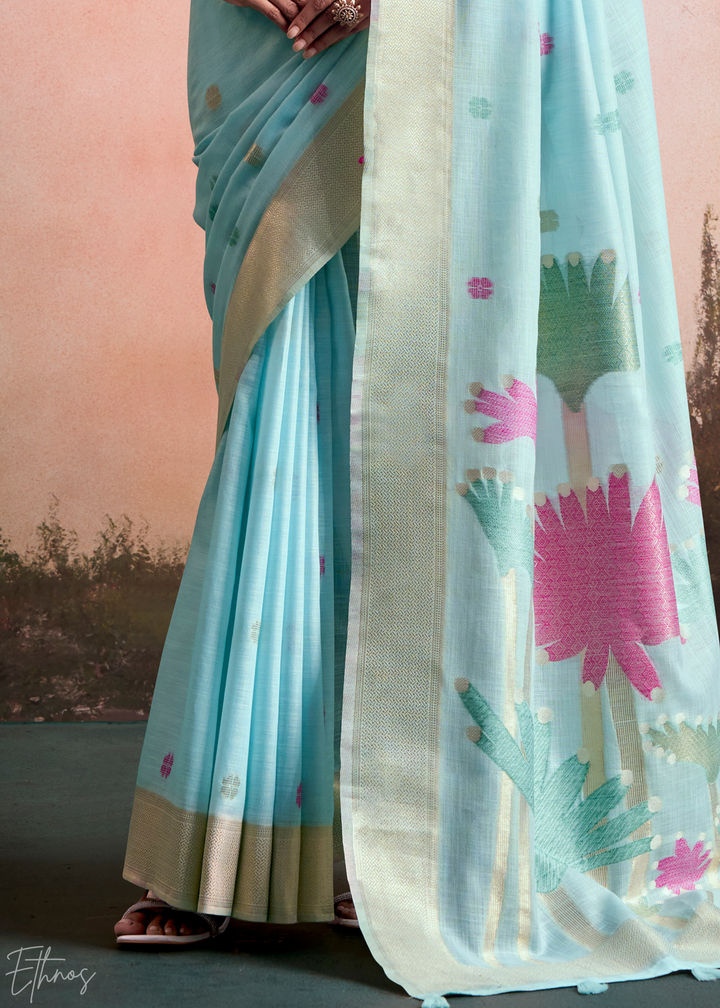 Sky Blue Lotus Pallu Linen Silk Saree