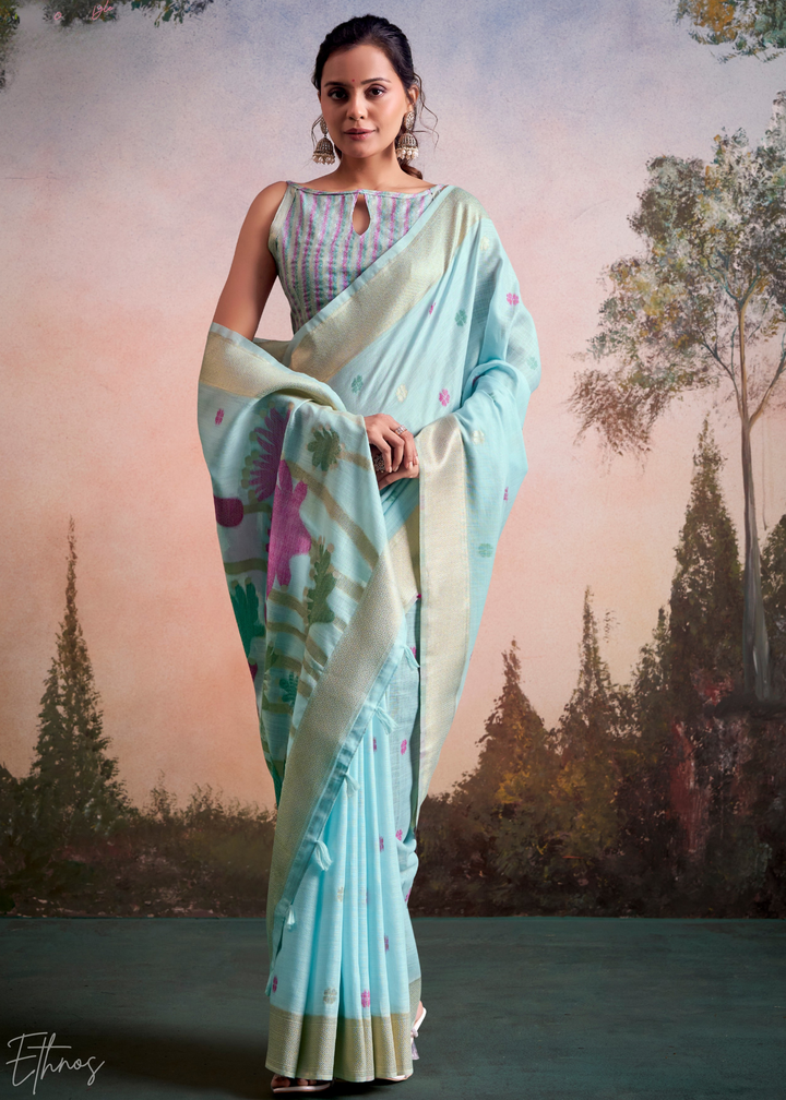 Sky Blue Lotus Pallu Linen Silk Saree