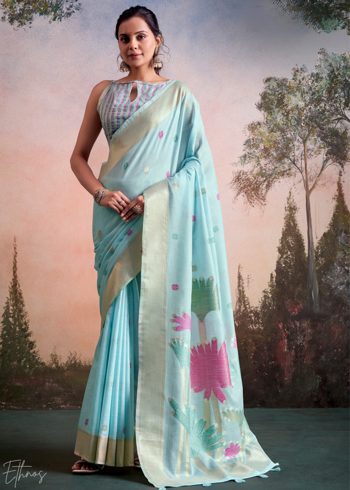 Sky Blue Lotus Pallu Linen Silk Saree