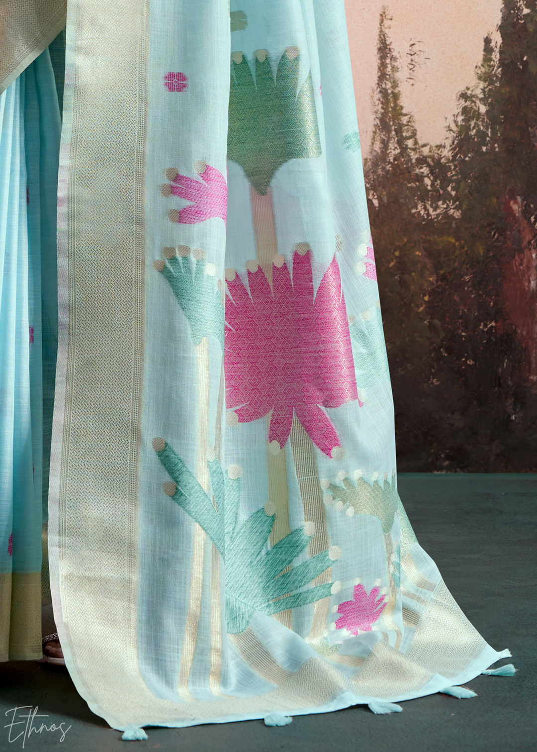 Sky Blue Lotus Pallu Linen Silk Saree
