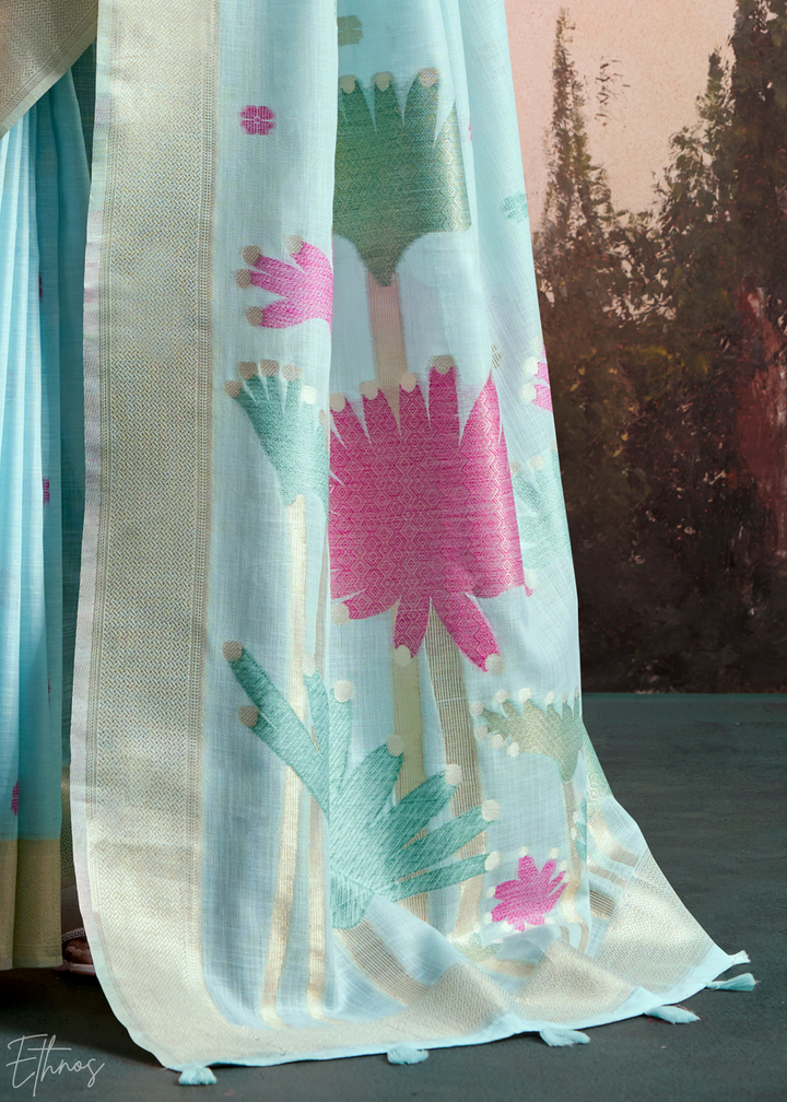 Sky Blue Lotus Pallu Linen Silk Saree