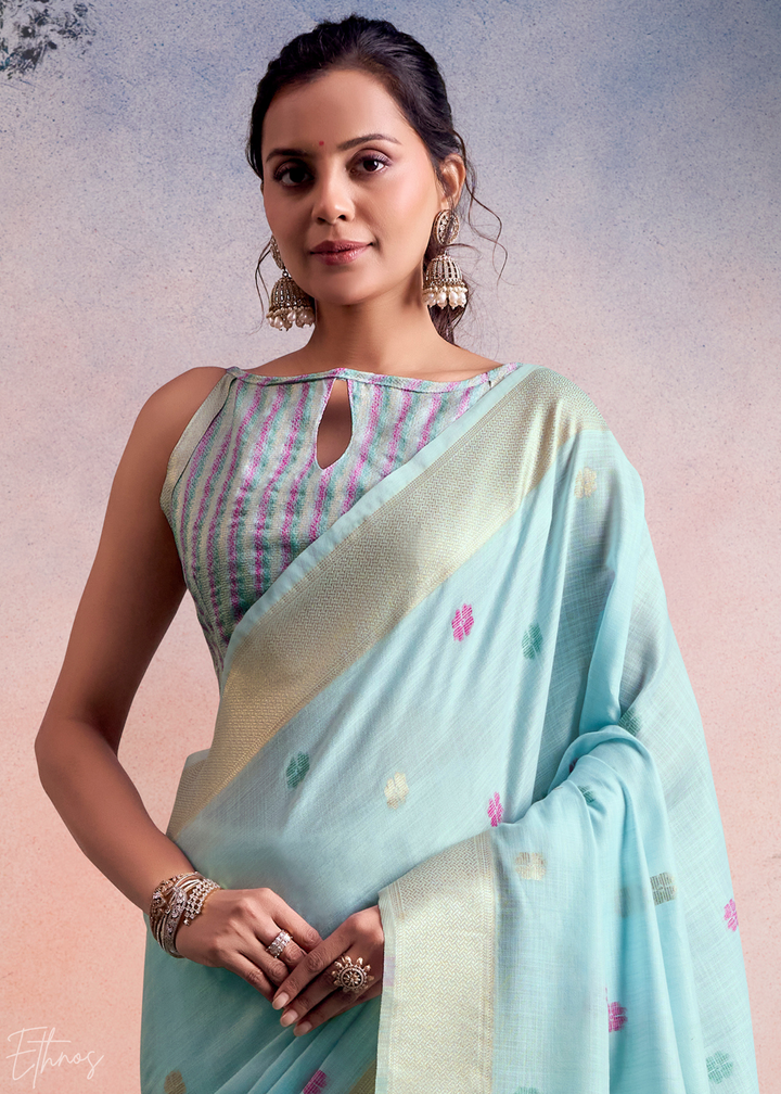 Sky Blue Lotus Pallu Linen Silk Saree
