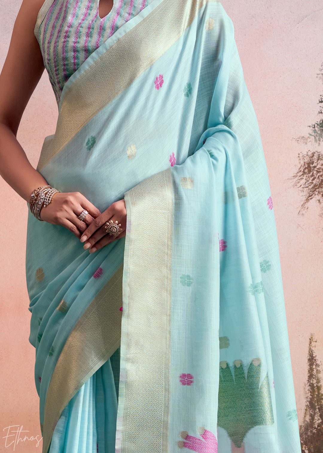 Sky Blue Lotus Pallu Linen Silk Saree