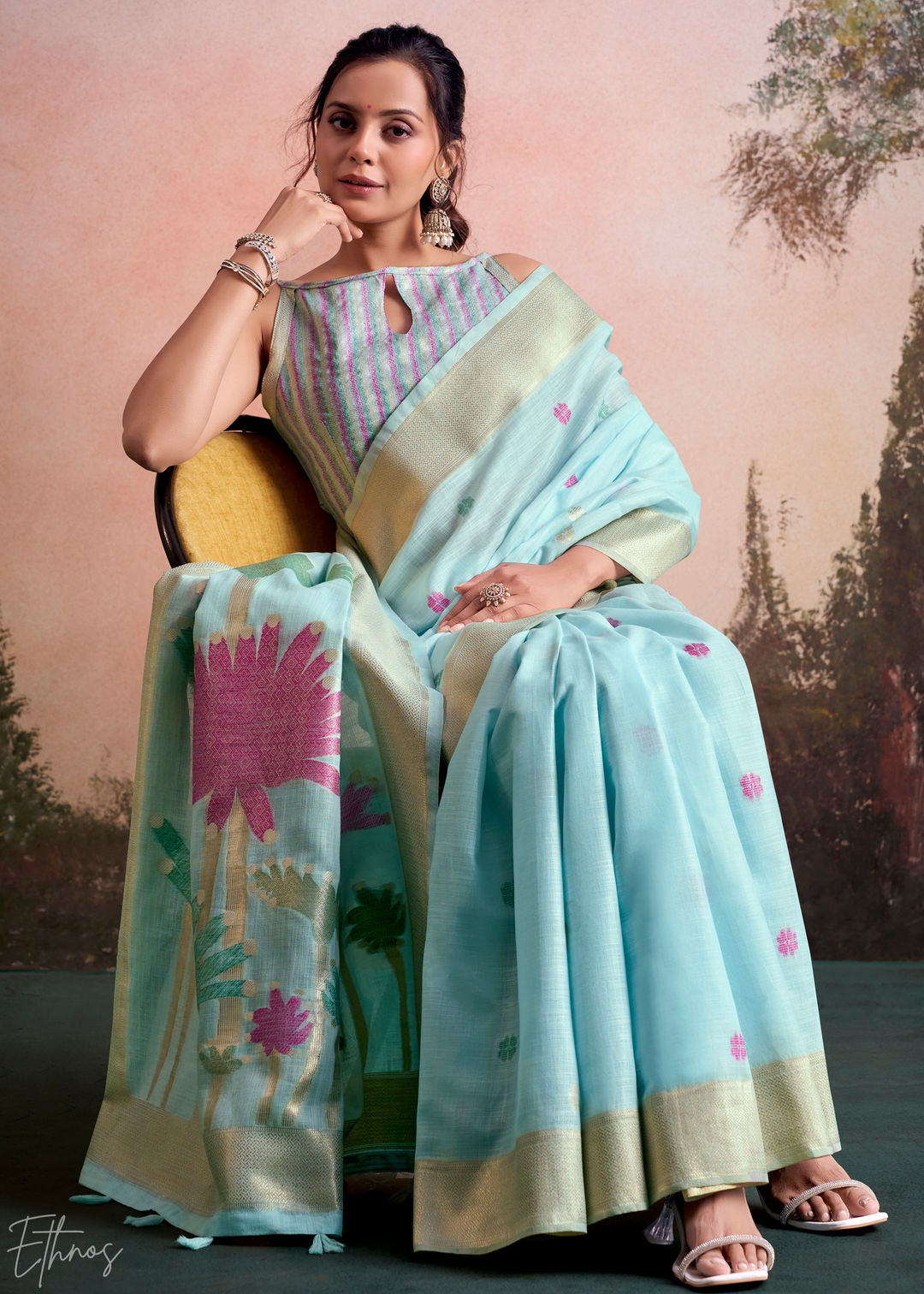 Sky Blue Lotus Pallu Linen Silk Saree