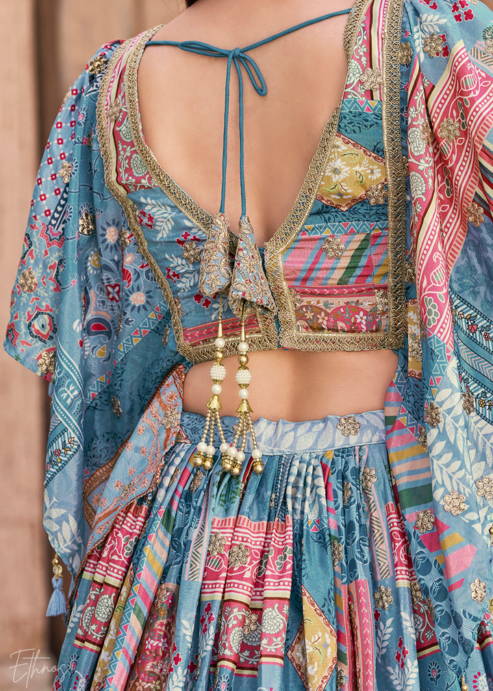 Sky Blue Printed Embroidered Chinon Silk Lehenga