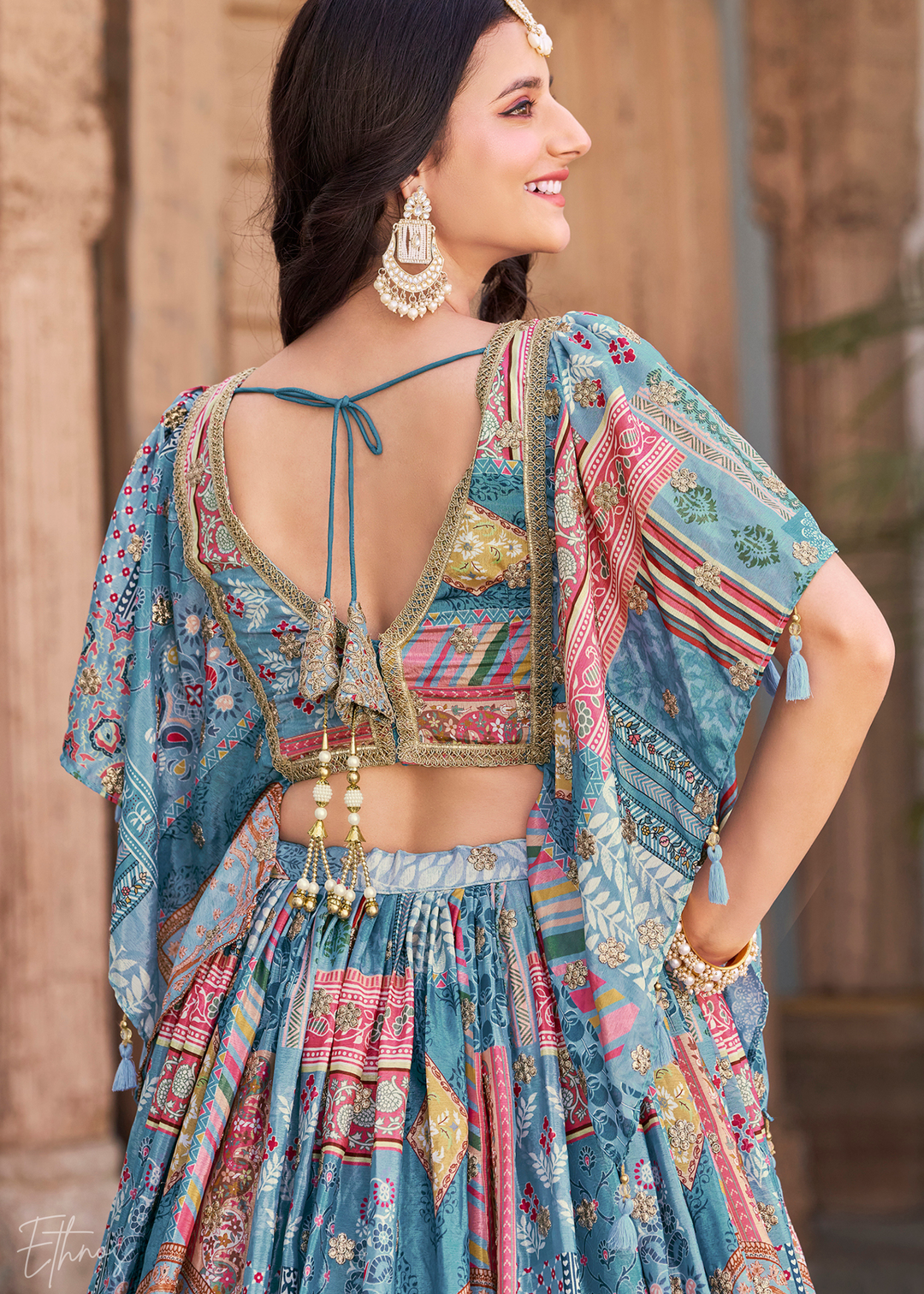 Sky Blue Printed Embroidered Chinon Silk Lehenga