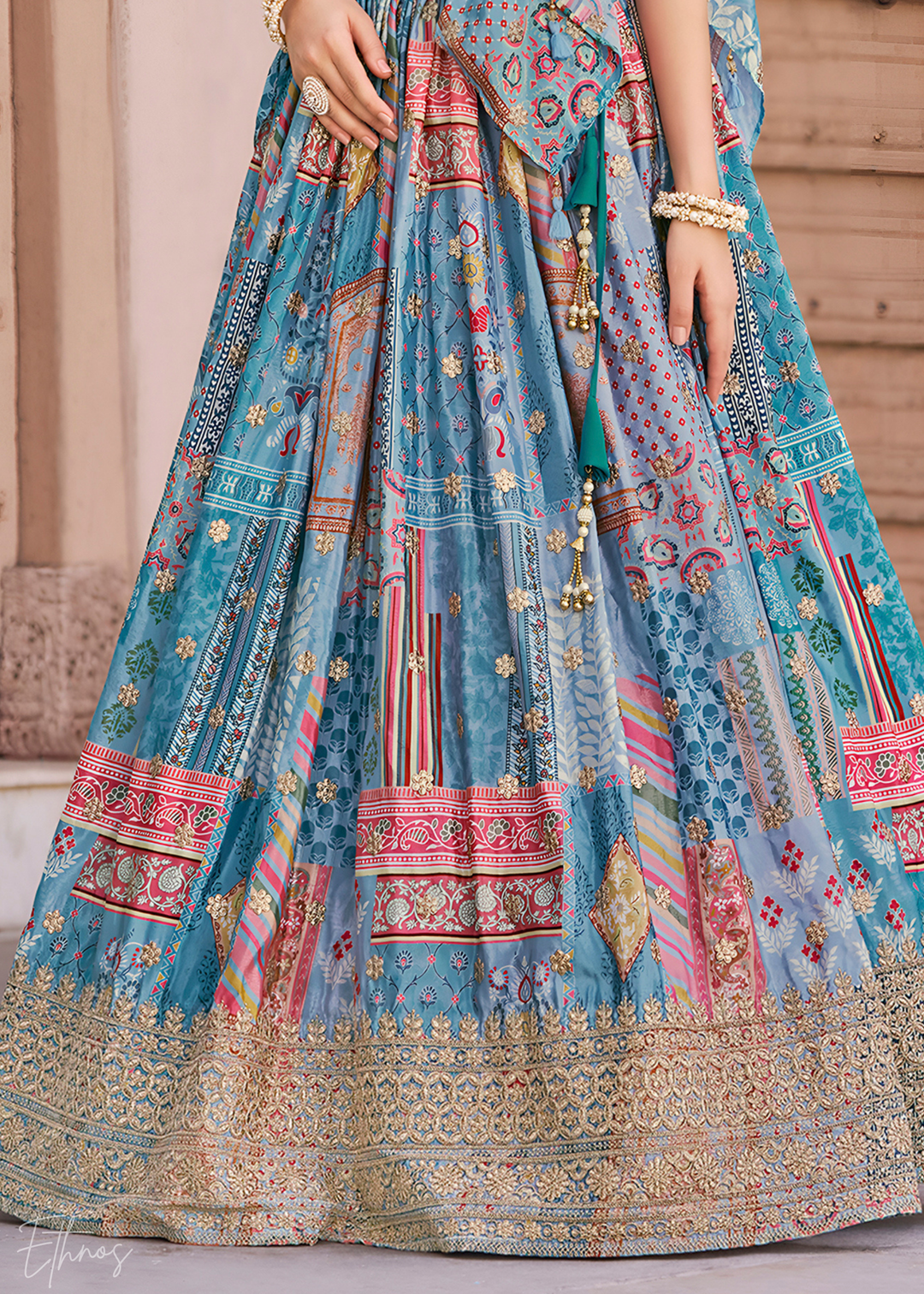Sky Blue Printed Embroidered Chinon Silk Lehenga