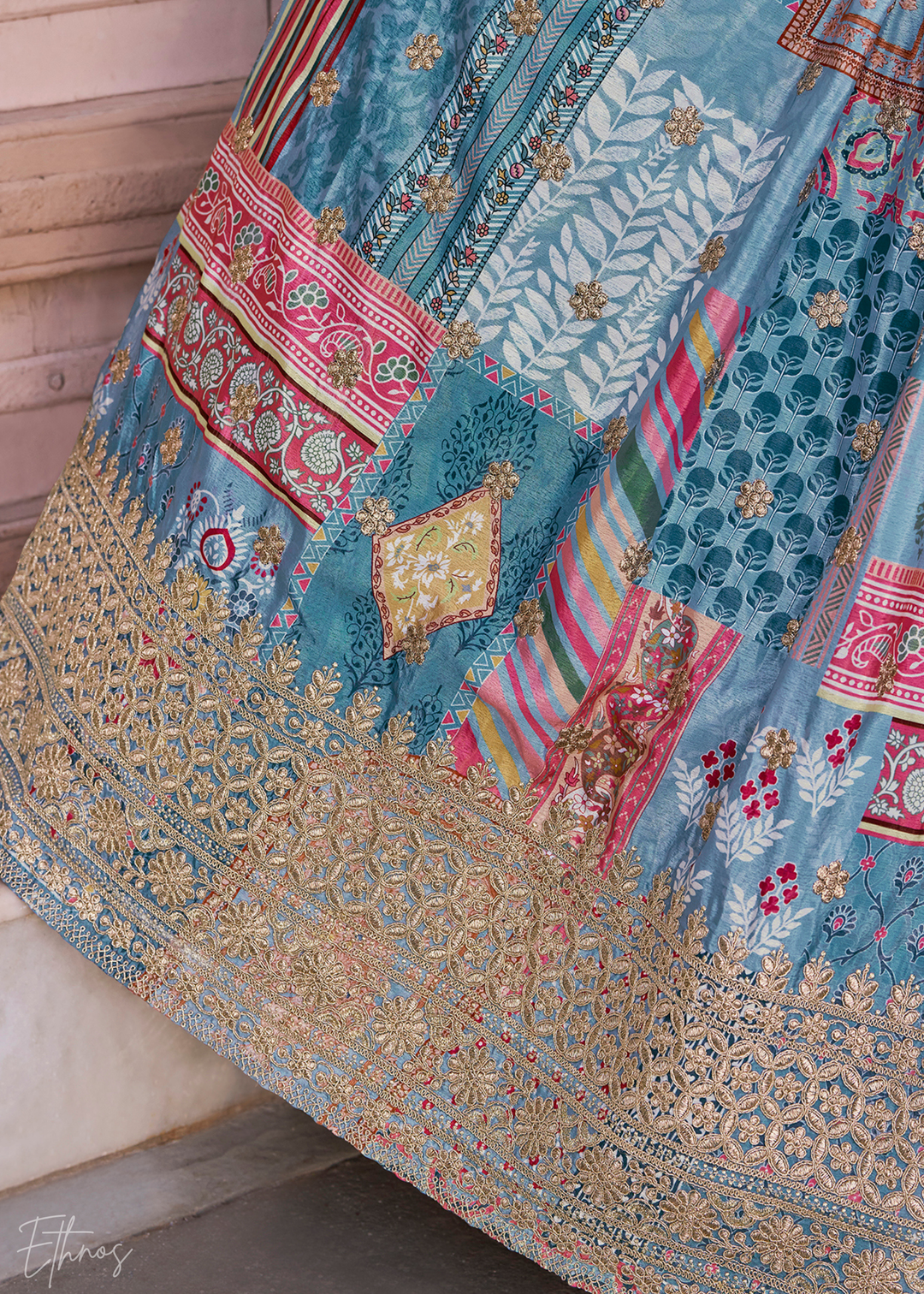 Sky Blue Printed Embroidered Chinon Silk Lehenga
