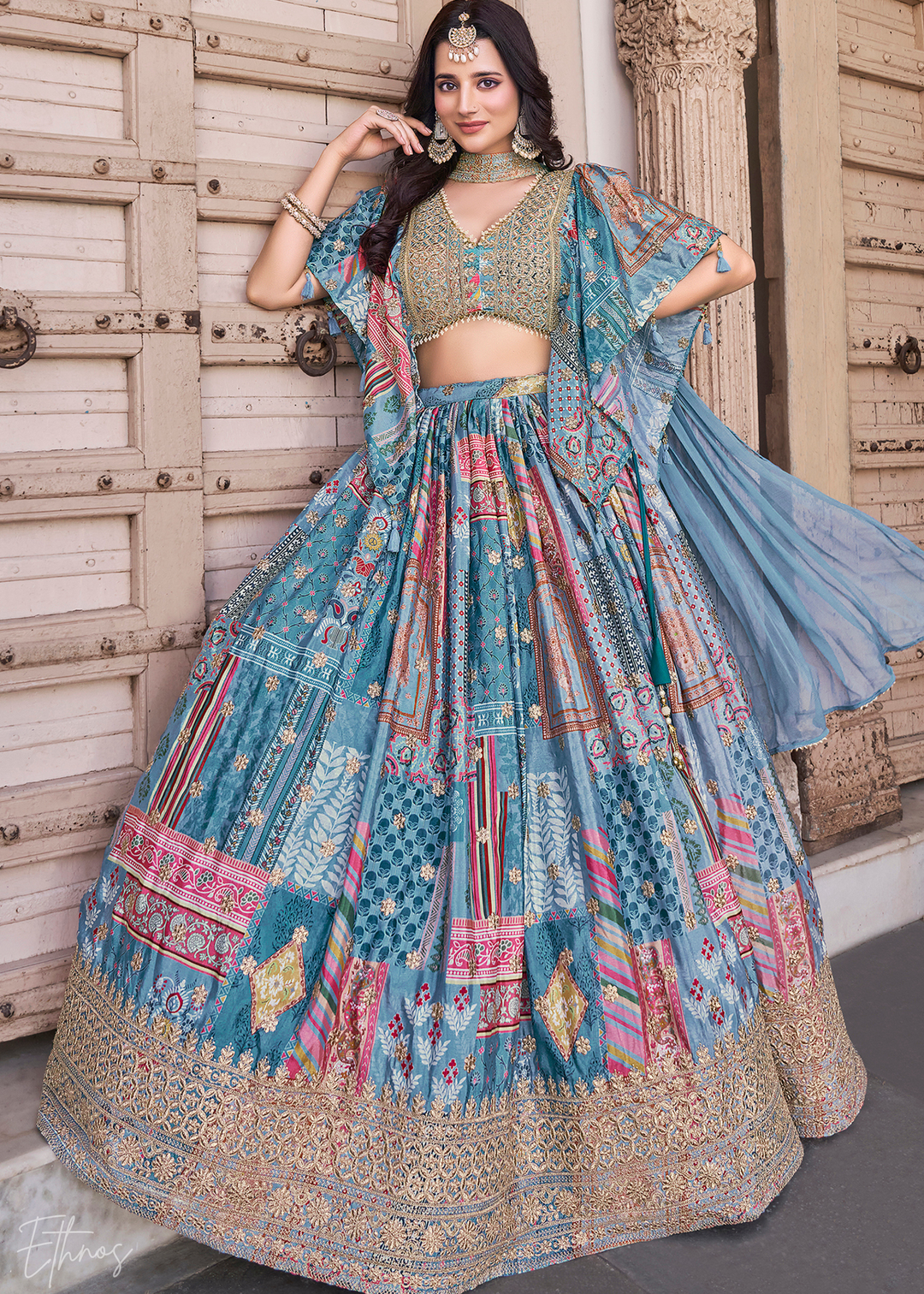 Sky Blue Printed Embroidered Chinon Silk Lehenga
