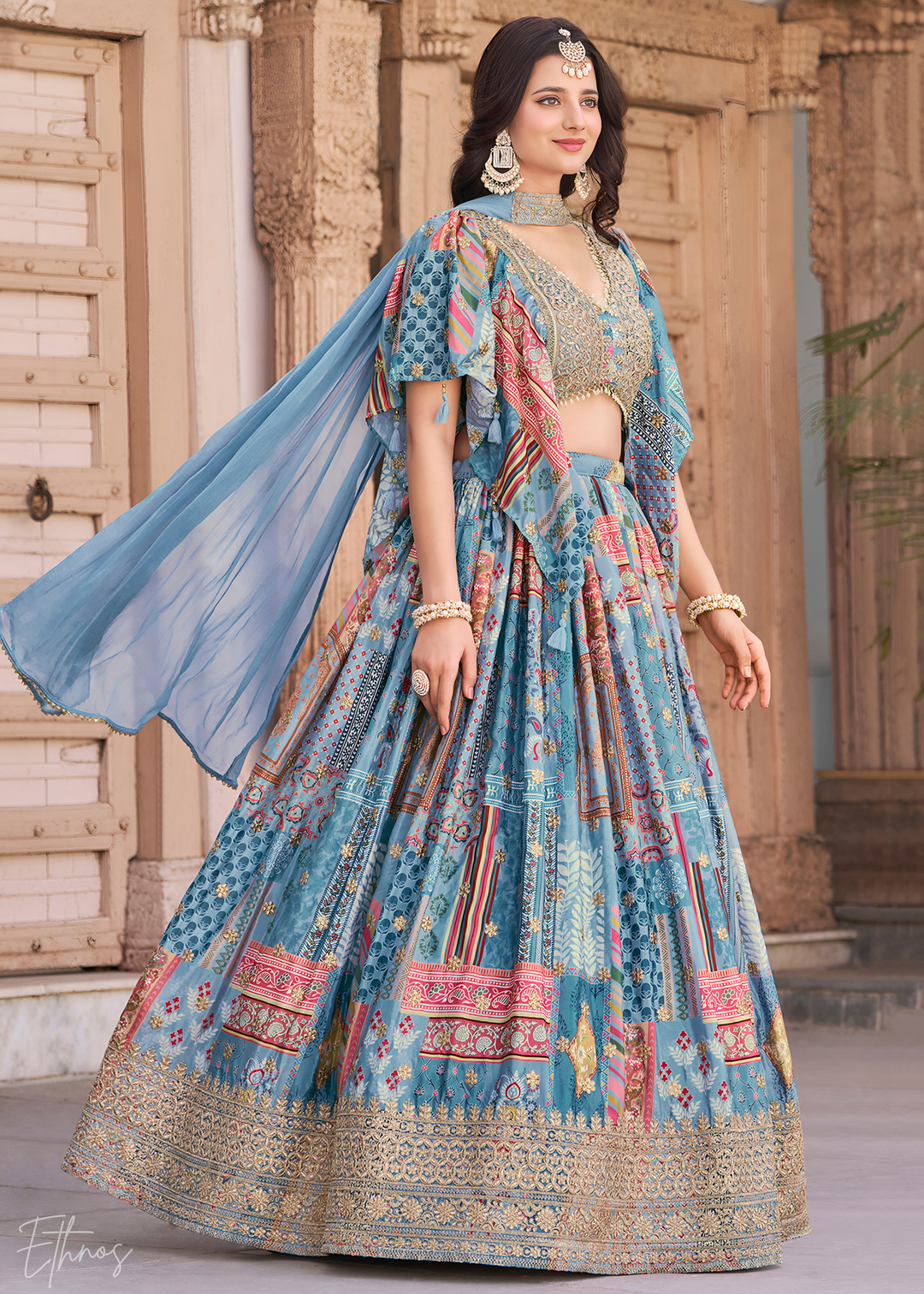 Sky Blue Printed Embroidered Chinon Silk Lehenga