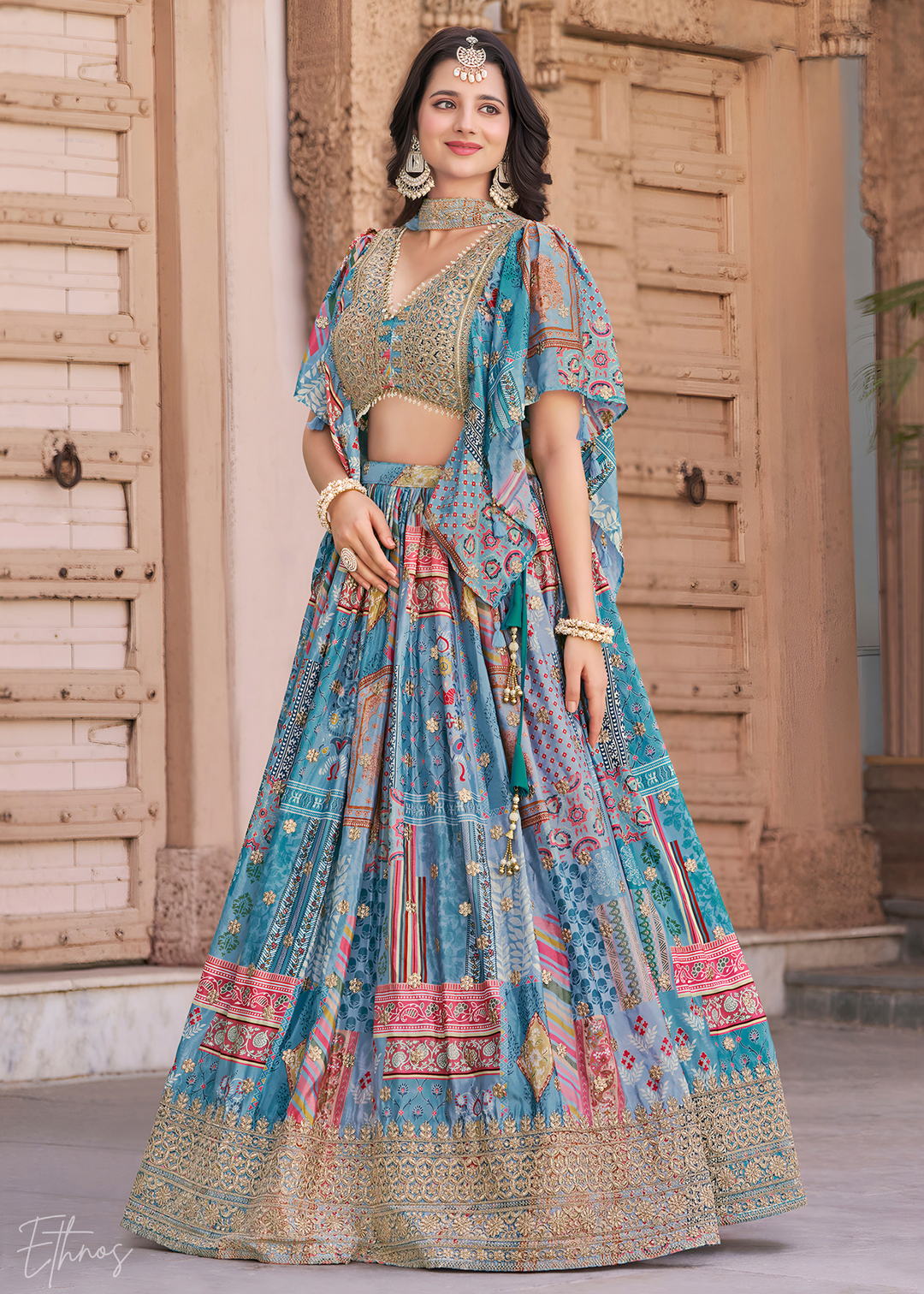 Sky Blue Printed Embroidered Chinon Silk Lehenga