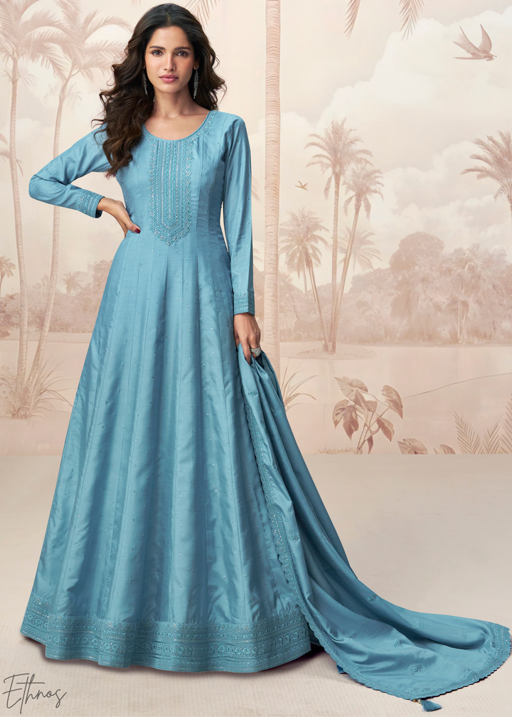 Sky Blue Self-Texture Embroidered Silk Gown & Dupatta Set