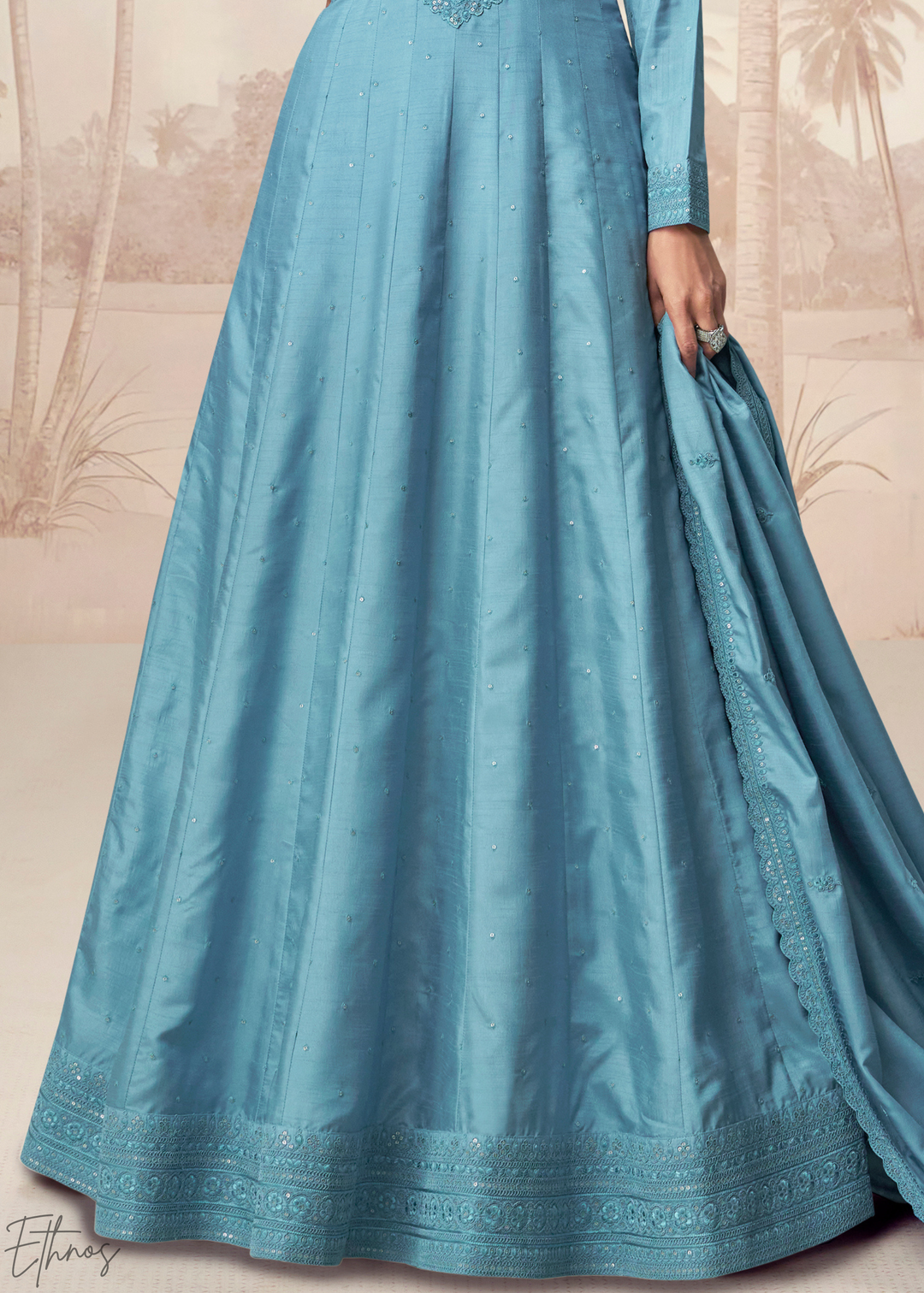 Sky Blue Self-Texture Embroidered Silk Gown & Dupatta Set