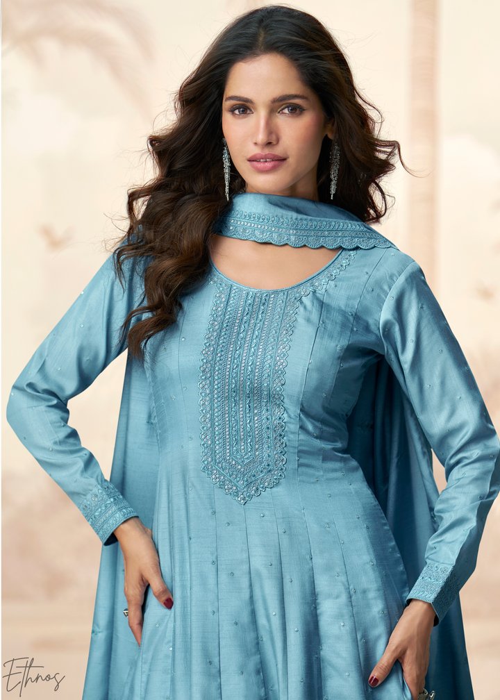 Sky Blue Self-Texture Embroidered Silk Gown & Dupatta Set
