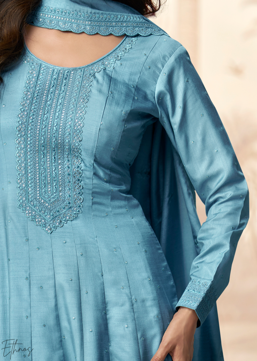 Sky Blue Self-Texture Embroidered Silk Gown & Dupatta Set