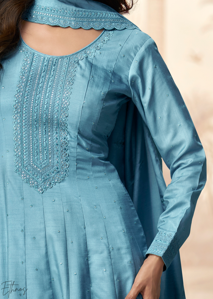 Sky Blue Self-Texture Embroidered Silk Gown & Dupatta Set