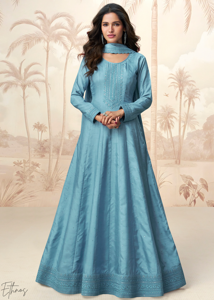 Sky Blue Self-Texture Embroidered Silk Gown & Dupatta Set