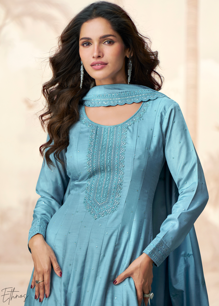 Sky Blue Self-Texture Embroidered Silk Gown & Dupatta Set