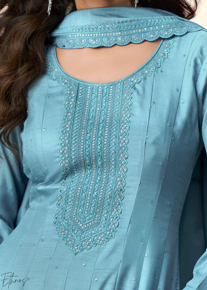 Sky Blue Self-Texture Embroidered Silk Gown & Dupatta Set