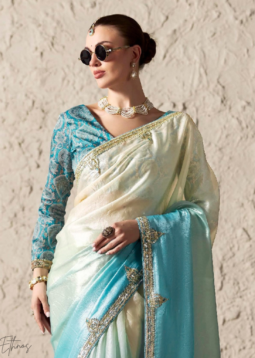 Sky Blue Embroidered Glass Tissue Designer Saree